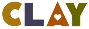 The word CLAY in bold, colorful letters. The C is mustard yellow, L is dark purple, A is orange with a white heart cutout in the center, and Y is olive green.
