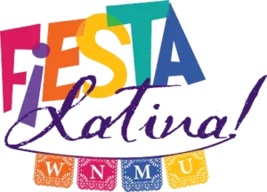 Colorful text reads Fiesta Latina! with Latina in purple script. Below are four papel picado banners in red, orange, blue, and yellow with the letters W, N, M, and U.